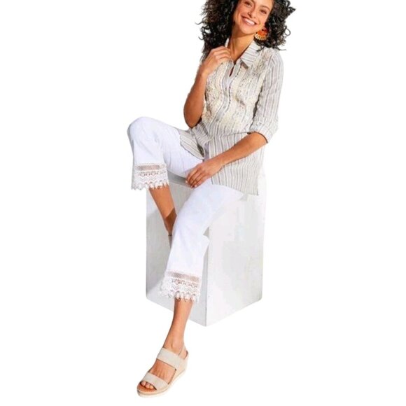Soft Surroundings NWT White Wide Leg Crop Crochet Lace Hem Pants Size 10(Missy) - Picture 1 of 11
